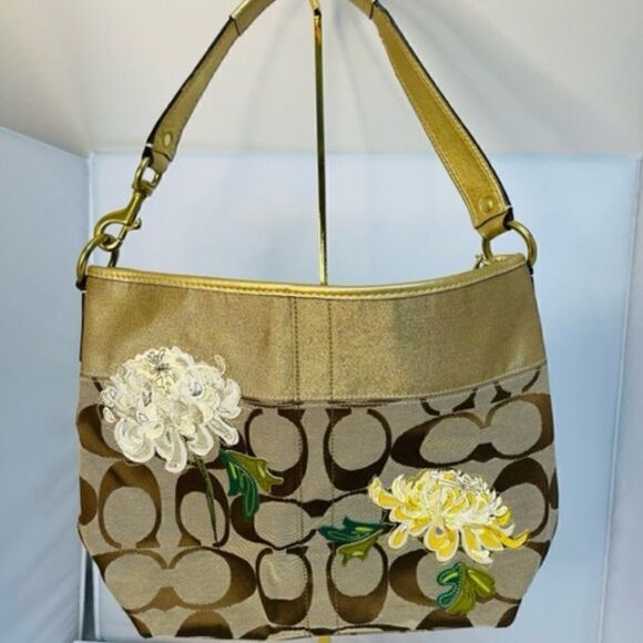 COACH SIGNATURE Floral Applique Khaki Tote Handbag LIMITED EDITION Gold Brown Ex